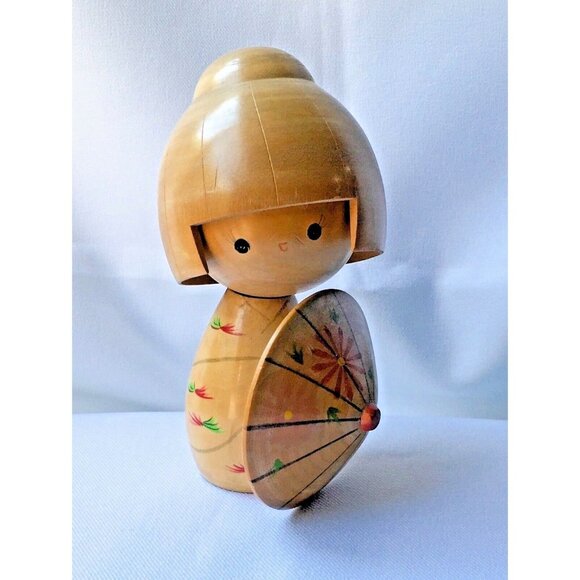 Japanese Kokeshi Doll Girl Holding Parasol Umbrella 5 7/8 “ Red Signature Maker - Picture 1 of 6